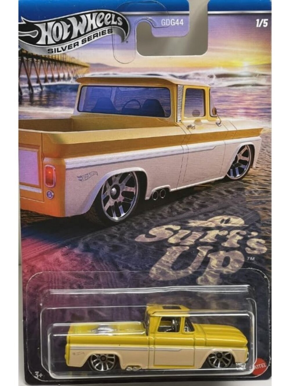 Custom '62 Chevy Pickup Diecast Car - Yellow Truck, 1:64 Scale, Surf's Up